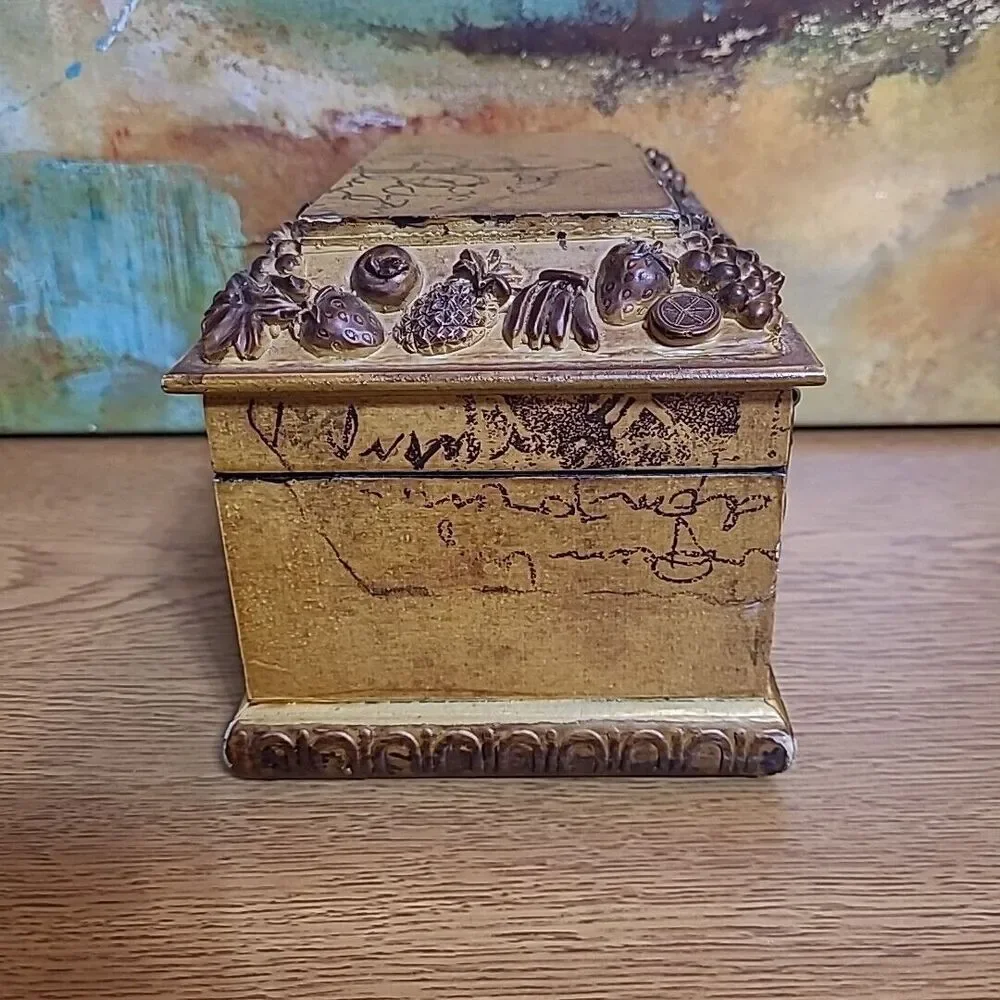 Wooden Jewelry Trinket Box Fruit Design Unmarked Velvet Lined 7x4.5